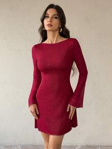 SHEIN Tall 优雅蝴蝶结露背性感亮片修身迷你连衣裙，婚礼宾客礼服，红色连衣裙，圣诞节，新年礼服 - 酒紅色 - 查看 5