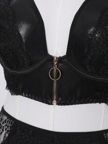 AltCore Conjunto de 2 piezas de top con parches de encaje y tela reflectante + panty, talla grande y sexy - Negro - Ver 3