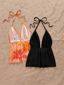 Soleia 2pcs Women Casual Backless Halter Tie Strap Cardigan Set, Suitable For Summer, Women's Vacation Wear, Hibiscus, Hawaiian Flower Spring - Multicolor - View 2
