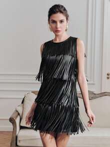 Anewsta黑色圆领流苏镂空无袖时尚优雅皮裙，适合情人节、春夏穿着 - 黑色 - 查看 4