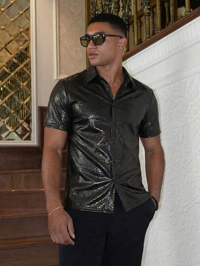 HIMLAND Men's Faux Crocodile Texture Short Sleeve Single-Breasted Casual Shirt