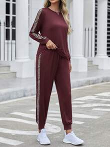 SHEIN LUNE 2件套豹纹拼接圆领长袖上衣和裤子休闲女装 - 鏽棕色 - 查看 4