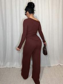 Dayanna Comas Women's Casual Asymmetrical Shoulder Fuzzy T-Shirt + Wide Leg Low Waist Pants 2 Pieces Set, Winter Fall Cloth For Women - Brown - View 2