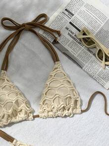 Swim Mod Solid Textured Halter Top & Swim Bottoms, Cute Bikini Set For Ladies, Summer