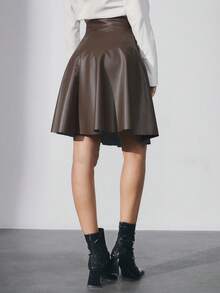 EURMUSE Women Solid Color PU Leather Mini Skirt - Chocolate Brown - View 2