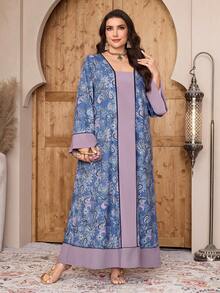 Al Najma Plus Size Women's Contrast Color Paisley Print Flare Sleeve Loose Bohemian Style Dress, Spring/Autumn - Multicolor - View 4