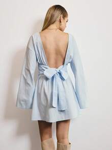 Aralina Lightweight Woven Fabric Round Neck Long Sleeve Elastic Waist Flowy Mini Silhouette Spring Dresses For Women Vacation Dress - Baby Blue - View 2