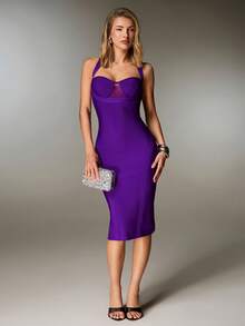 Nuvra 女士纯色网纱粗肩带吊带针织腰带露背开衩绷带紧身连衣裙，度假款 - 紫色 - 查看 4