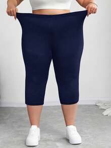 SHEIN CURVE+ 加大码女士黑色运动套装，紧身高弹七分裤，夏季/乡村/海滩度假装/沙滩装/沙滩服饰 - 藏蓝色 - 查看 11