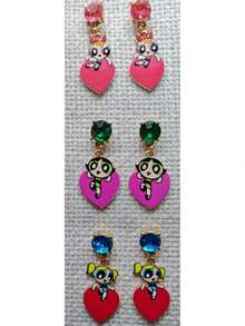 THE POWERPUFF GIRLS X SHEIN 花朵图案锌合金水钻耳钉，心形耳环套装，奢华小众，休闲时尚，适合派对、音乐会、节日等场合。 - 金色 - 查看 5