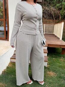 SHEIN EZwear 大码条纹上衣和裤子两件套，适合春秋季休闲穿着 - 彩色 - 查看 6