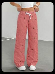 女孩粉色条纹蝴蝶结印花泡泡纹理腰带白色撞色系带宽松裤 - 紅色 - 查看 1