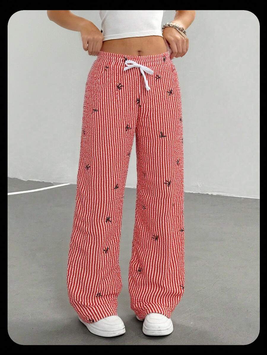 女孩粉色条纹蝴蝶结印花泡泡纹理腰带白色撞色系带宽松裤 - 紅色 - 查看 1
