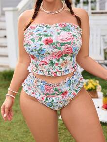 Swim Mod Plus Size Women Floral Print Bandeau Swimsuit Set, Suitable For Beach Vacation, Spring/Summer - Multicolor - View 3