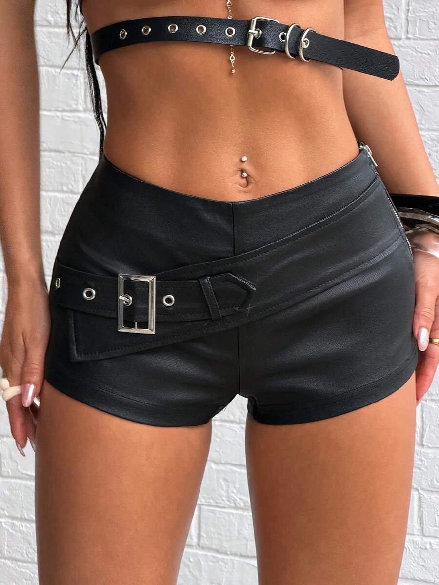 Jeanoix Y2K Women's Coated Keyhole Buckle Design Skinny Sexy Shorts - Black - View 1