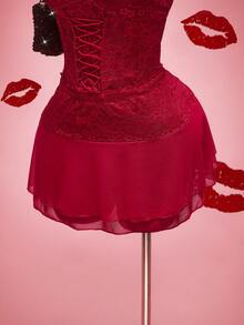 SHEIN ICON 大码女式蕾丝撞色网纱双层优雅派对半身裙，适合约会、情人节等场合 - 酒紅色 - 查看 6