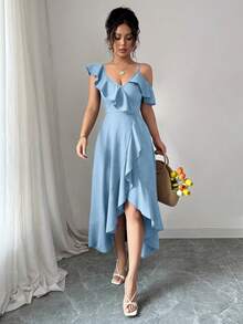 Elenzga Women's Elegant Ruffle Denim Effect Dress - Sky Blue - View 6