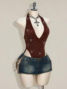SHEIN ICON Rhinestone Halter Backless Bodysuit, Sexy Tight Fit Sleeveless For Women - Brown - View 5