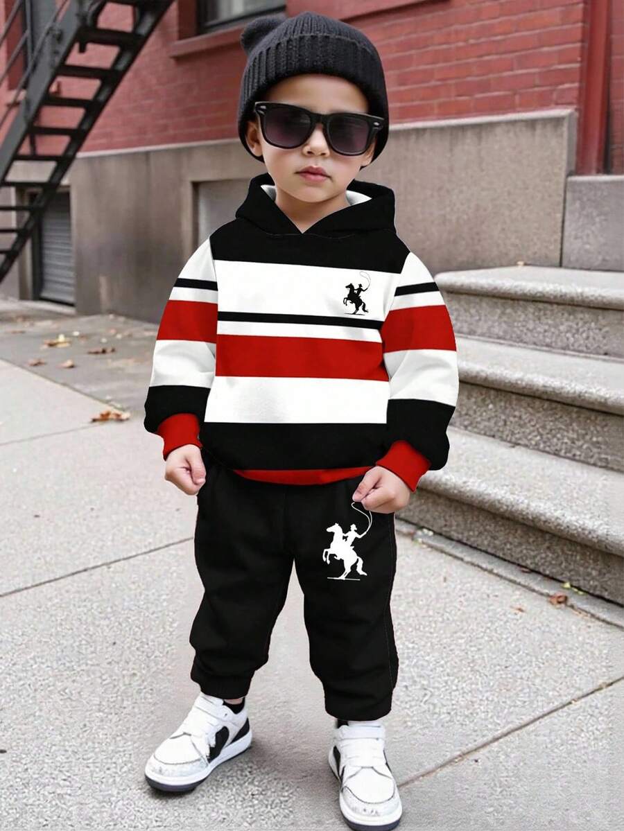 2pcs/Set Boys Casual Loose Graphic Hoodie & Sweatpants Set, Rider Print Colorblock Pullover Outfit, Suitable For Autumn/Winter - Multicolor - View 1