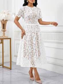 SHEIN Lady 女士优雅水溶蕾丝透视短袖连衣裙，夏季 - 彩色 - 查看 6