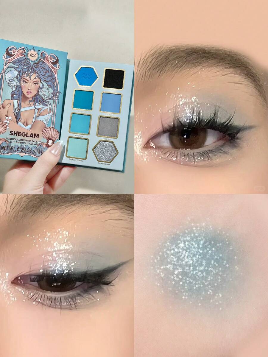 SHEGLAM Ambitious Aquarius Palette 8 色閃光金屬霧面眼影盤銀藍色高光澤高顏料持久可混合奶油眼影紫色眼影 品牌 美容 化妝 化妝品 適合女性與女孩 完美搭配夏季春季 Y2K 時尚 流行 生日 母親節禮物 假期 派對準備就緒 最佳顏色