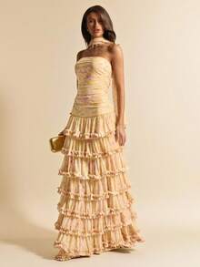 SHEIN BAE 纯黄色碎花无肩带荷叶边连衣裙，优雅修身网纱沙滩度假连衣裙，性感时尚连衣裙，外出印花连衣裙 - 黃色 - 查看 5