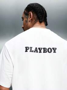 PLAYBOY X SUMWON 男士宽松短袖圆领T恤，背面印有文字，正面饰有小号Logo，休闲街头风上衣 - 白色 - 查看 6