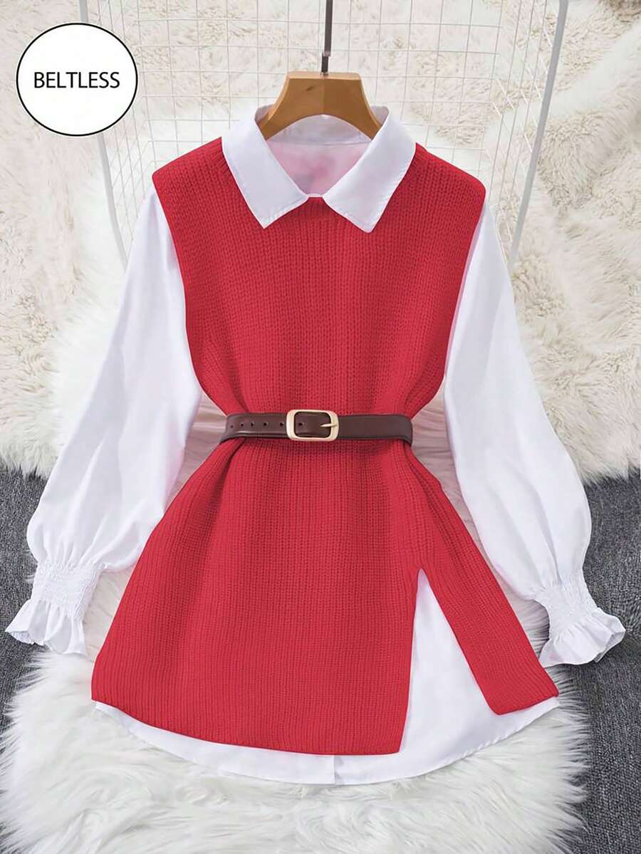 INAWLY Spring 2 Pieces Set: Loose Lantern Sleeve White Blouse & Flared Split Hem Sweater Vest - Red - View 1