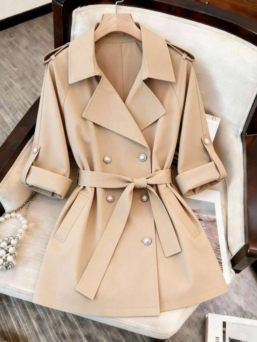 GlowEve Fashionable Lapel Raglan Sleeve Trench Coat With Tie Waist And Metal Buttons, Elegant Commuter Jacket, Khaki, Spring/Autumn New Style Midi Windbreaker