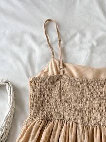 SHEIN 少女夏季休闲度假纯色荷叶边下摆无袖吊带连衣裙，适合夏季约会之夜、海滩度假、女孩外出、夏季海滩度假装扮、太阳裙 - 杏色 - 查看 5