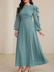 Modelyn Long Round Neck Ruffle Sleeve Black Dress - Blue - View 3