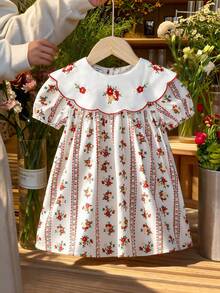 SHEIN 女嬰刺繡領短袖復古數位印花洋裝，米白色，夏季，可愛，家庭穿搭時尚休閒度假套裝 - 杏色 - 查看 7
