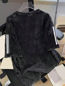 Manfinity Joysei Men's Washed Cotton Letter & Striped Print Round Neck Short Sleeve Los Angeles T-Shirt - Black - View 2