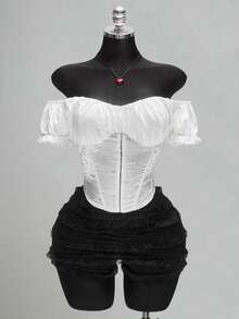 SHEIN ICON Áo corset satin jacquard màu trắng, cỡ lớn dành cho nữ, phong cách retro, gợi cảm, thanh lịch, hiện đại, trẻ trung, thập niên 2000 và Bohemian, thích hợp cho ngày Valentine: Áo corset tay phồng trễ vai bằng satin jacquard. - trắng - Xem 3