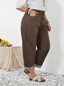 SHEIN CURVE+ 大码休闲水洗高腰锥形牛仔裤，春夏情人节嘉年华服装通勤度假毕业时尚Y2K可爱街头风派对婚礼优雅商务休闲女装大码棕色牛仔裤，松紧腰舒适宽松牛仔裤 - 棕色 - 查看 4