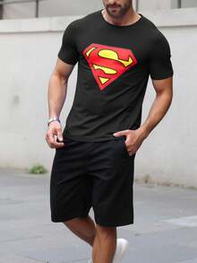 SUPERMAN X SHEIN Men's Casual Letter Graphic Round Neck Short Sleeve T-Shirt, Summer - Black - View 6