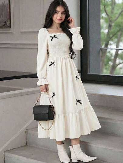 SHEIN Vestido negro de longitud media elegante para adolescentes, cuello cuadrado, manga abullonada, lazo, volante en la cintura, adecuado para reuniones familiares, fiestas y uso diario