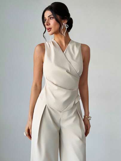 Firerie Dam enfärgad veckad väst med asymmetrisk fåll och vida byxor för pendlare