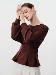 Aalyst Women's Knitted Crew Neck Raglan Long Sleeve Ribbed Patchwork Pleated Fitted A-Line Elegant Sophisticated Sweatshirt, Autumn/Winter - Brown - View 4