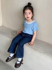 DAZY Toddler Girls' Round Neck Lace Patchwork Korean Style Bow Long Sleeve T-Shirt - Blue - View 7