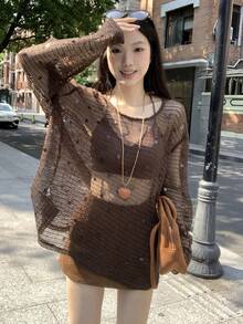 DAZY Women's Sequin Embellished Round Neck Long Sleeve Korean Style T-Shirt, Summer - Coffee Brown - View 4