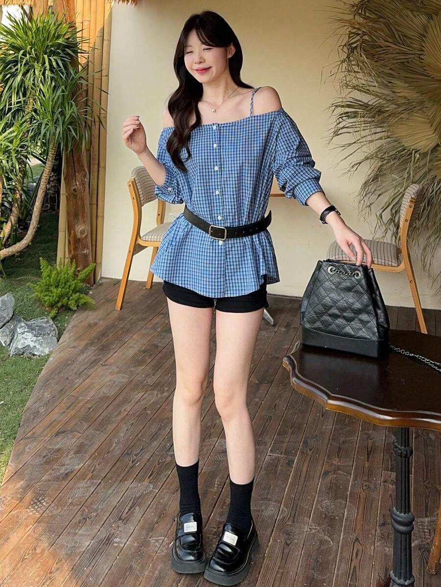 DAZY Women's Plaid Off-Shoulder Long Sleeve Girly Blouse - Blue - View 1