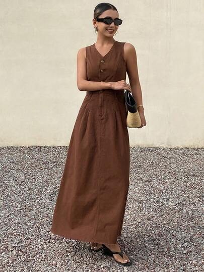 Livesso 女士无袖V领收腰纯色牛仔连衣裙