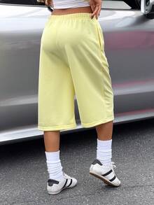 Muchica Women's Casual Yellow Capri Pants With Pockets - Yellow - View 2