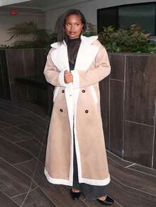 Tyla Gomez Women's Brown Plaid Plush Turn-Down Collar Double Breasted Coat In Fall/Winter - Khaki - View 1