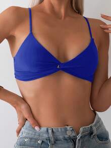 Swim Basics 女士纯色扭结前襟性感比基尼上衣 - 寶藍色 - 查看 5