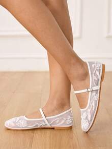 CUCCOO HITCHD 女士优雅通勤刺绣网眼铆钉装饰平底鞋 - 白色 - 查看 5