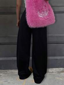 Rovax Quần ống rộng kẻ sọc và họa tiết da báo cỡ lớn, kiểu dáng thường ngày, có túi xéo. - màu đen - Xem 2