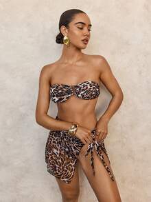 SHEIN Swim 基础款女士性感豹纹金属装饰泳衣套装 - 棕色 - 查看 1