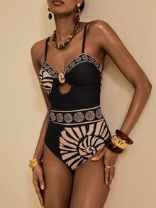 SHEIN Veneréa 女士夏季度假黑色优雅金属装饰连体泳衣及长裙两件套泳衣，沙滩装 - 彩色 - 查看 6